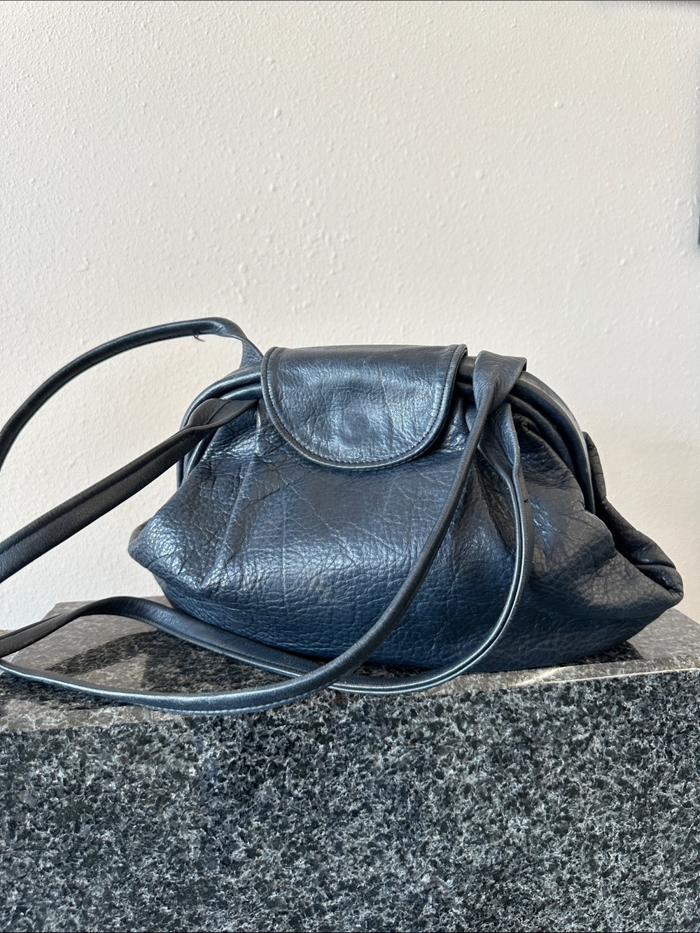 Navy blue leather 1960s vintage shoulder bag purse - minimalist modern style